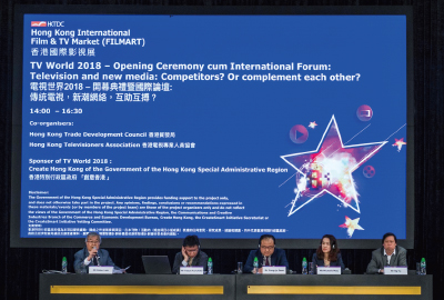 From left to right: Mr. Peter Lam, Vice-President of the HKTVA, Mr. Yasuo Furuhata, Deputy Editor of Global Information Desk, Kyodo News, Mr. Jeon Yong Ju, President & CEO of D'Live from Korea, Ms. Michelle Mou, CEO of New Studios Picture, Mr. Ng Yu, Chief Executive Officer of Asia Television Digital Media Limited